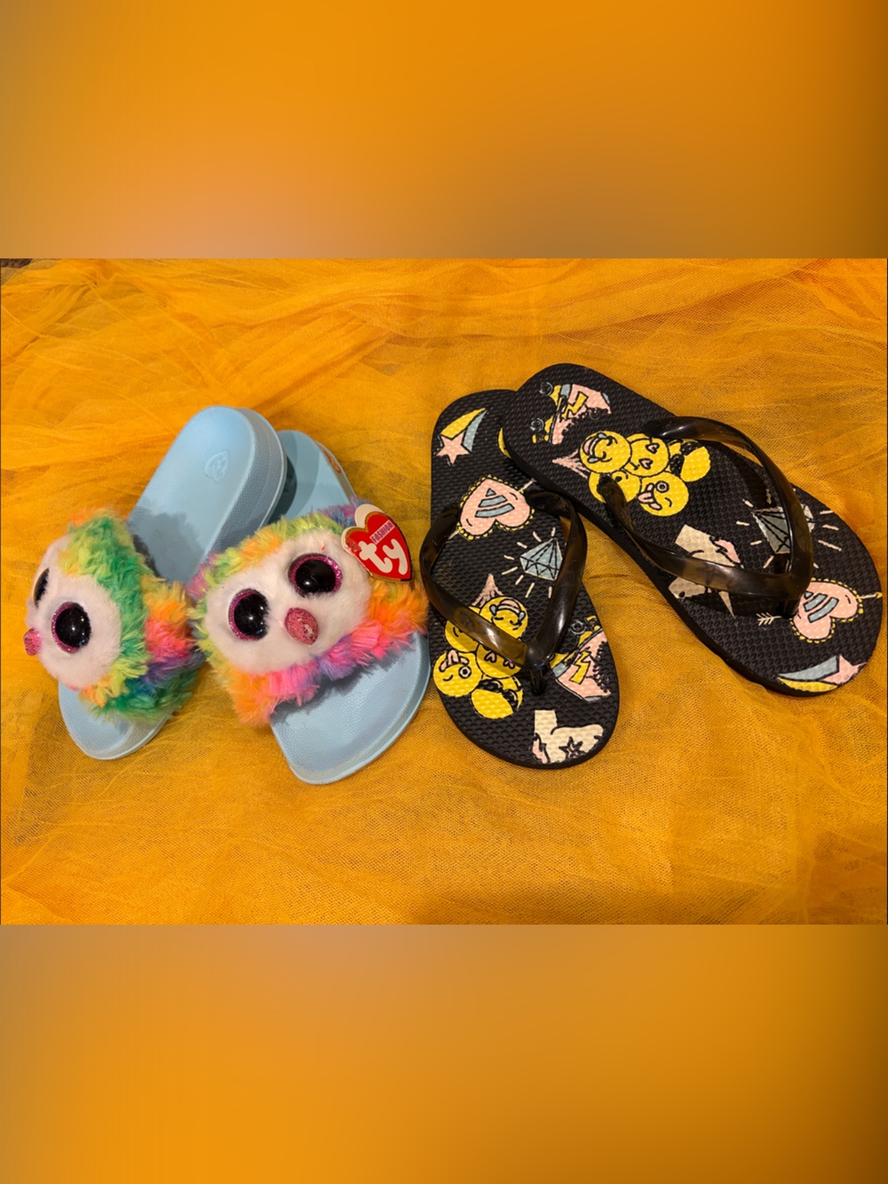 Ty Rainbow Fuzzy Slide Sandals & Children’s Place flip flops bundle